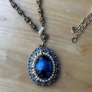 VTG Pendant Necklace 26" W Germany Porphyry Blue Art Glass Filigree Faux Pearl
